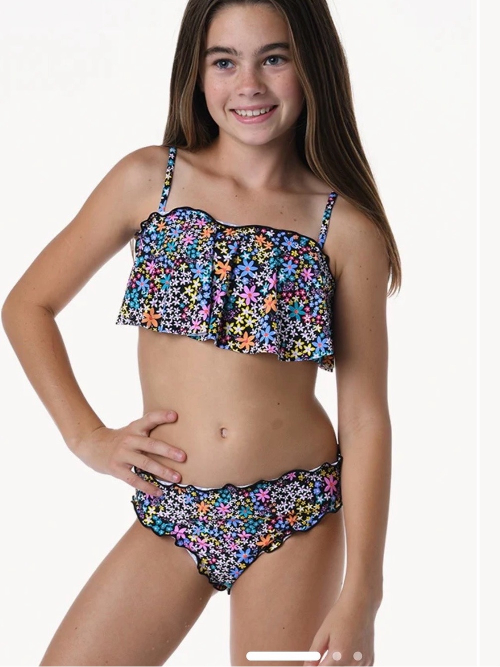 Hobie Girls Black Floral Ruffle Two-Piece Swim Set size 10
